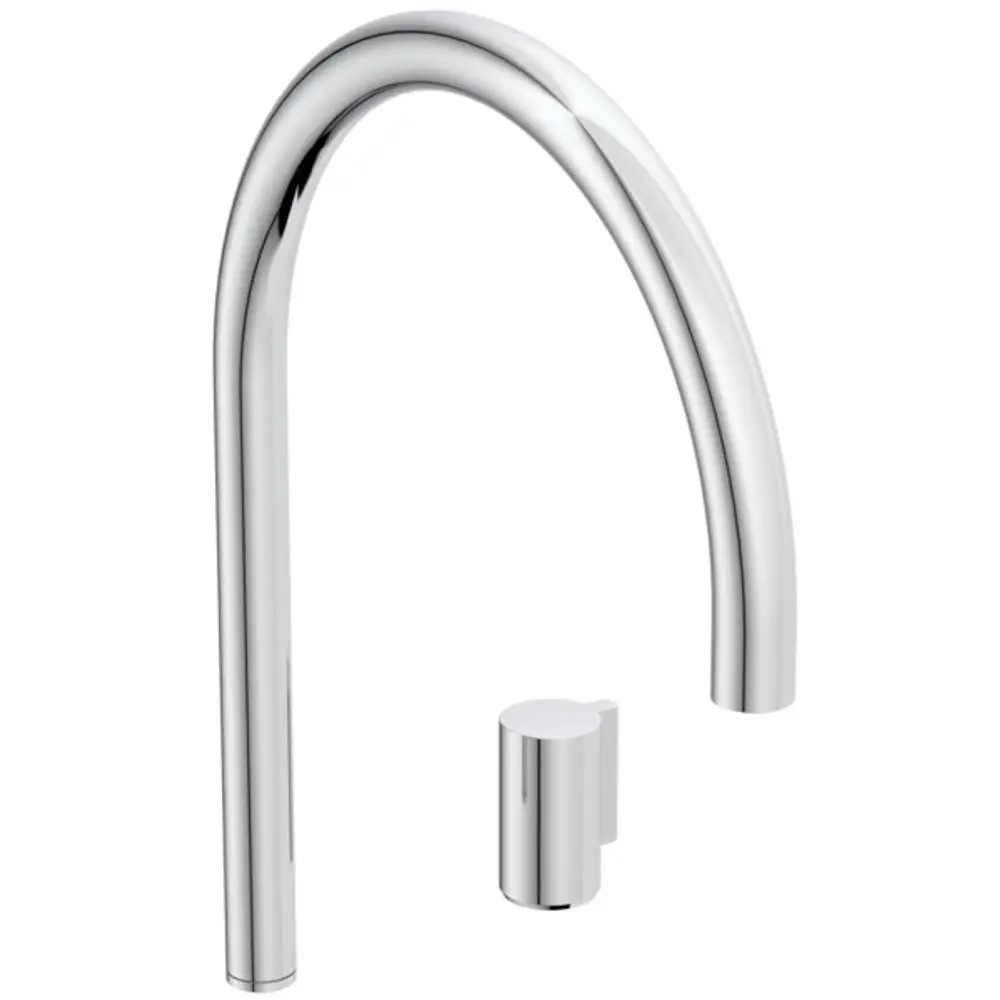 Hochgezogene Chrom-Waschtischarmatur mit rundem Auslauf und seitlichem Bedienhebel, hergestellt von Ideal Standard.